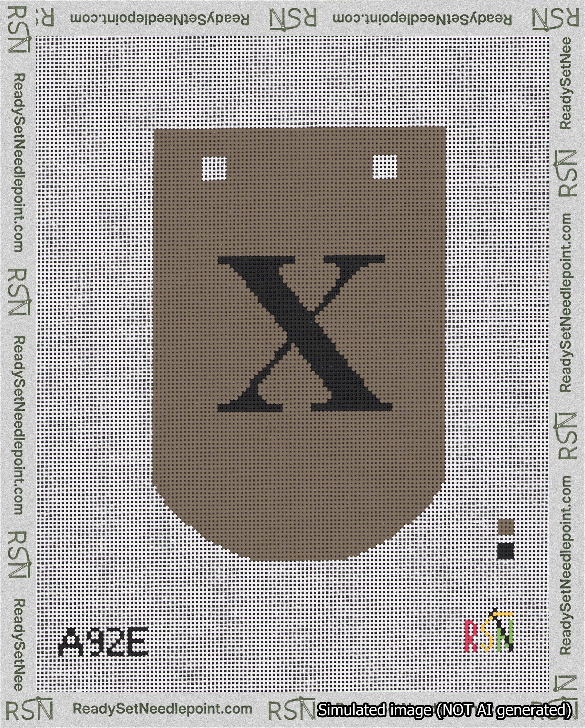 A taped needlepoint canvas with the design: Banner 18 mesh count Curved X Black on Brown.