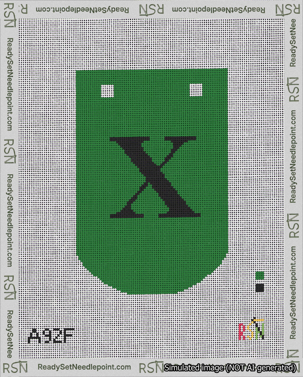 A taped needlepoint canvas with the design: Banner 18 mesh count Curved X Black on Green.