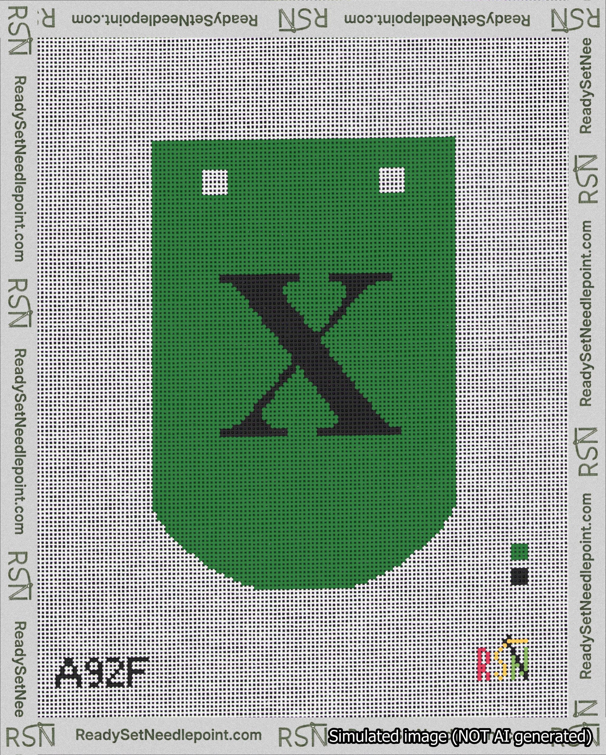 A taped needlepoint canvas with the design: Banner 18 mesh count Curved X Black on Green.