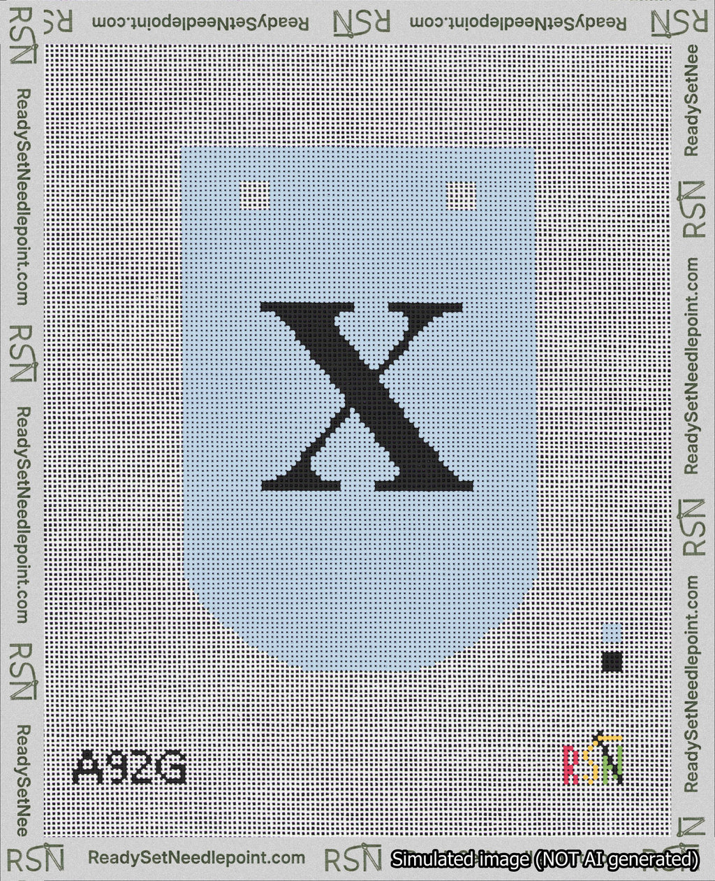 A taped needlepoint canvas with the design: Banner 18 mesh count Curved X Black on Light Blue.