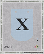 A taped needlepoint canvas with the design: Banner 18 mesh count Curved X Black on Light Blue.