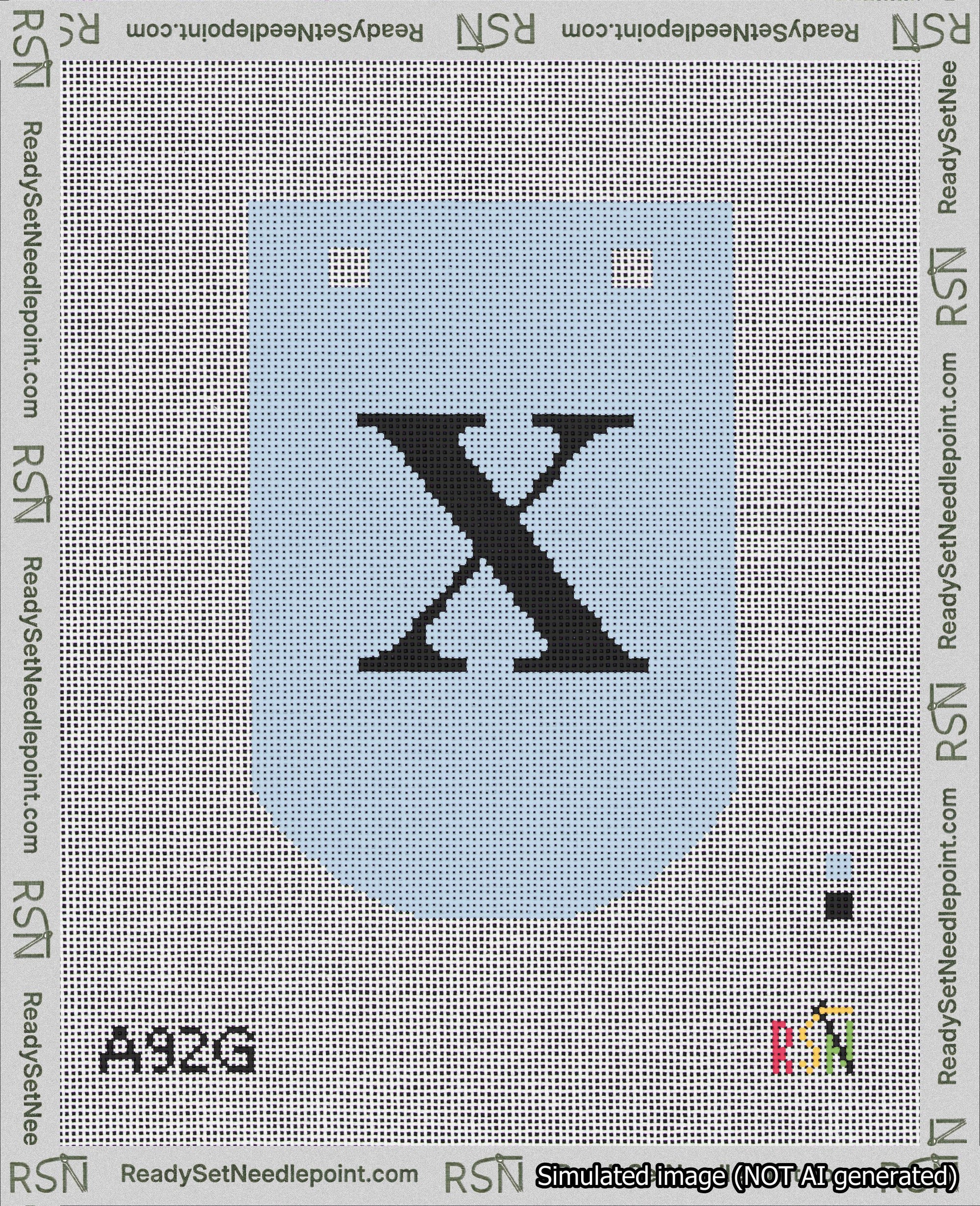 A taped needlepoint canvas with the design: Banner 18 mesh count Curved X Black on Light Blue.