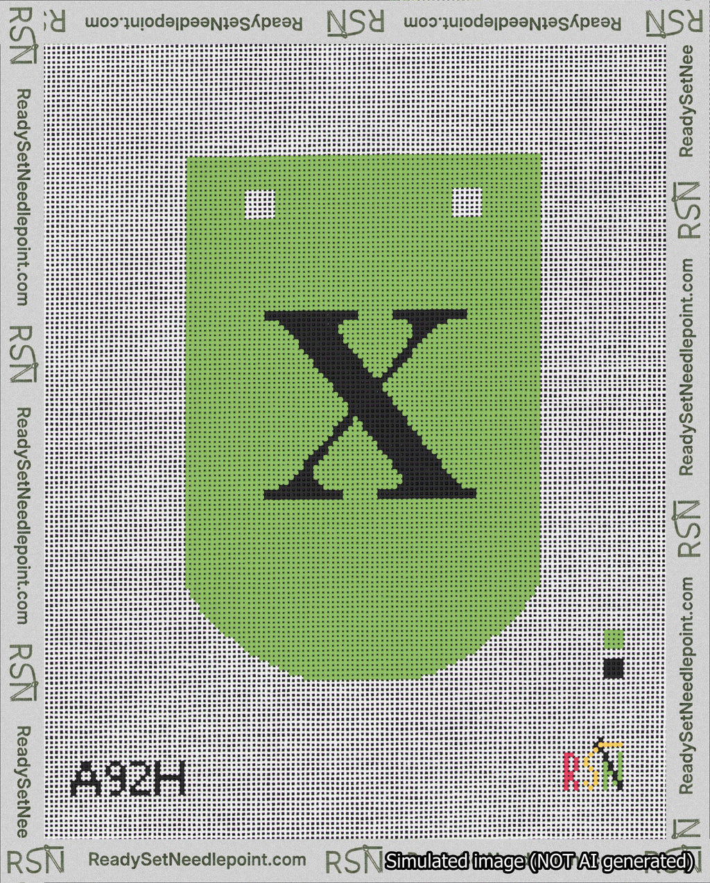 A taped needlepoint canvas with the design: Banner 18 mesh count Curved X Black on Light Green.
