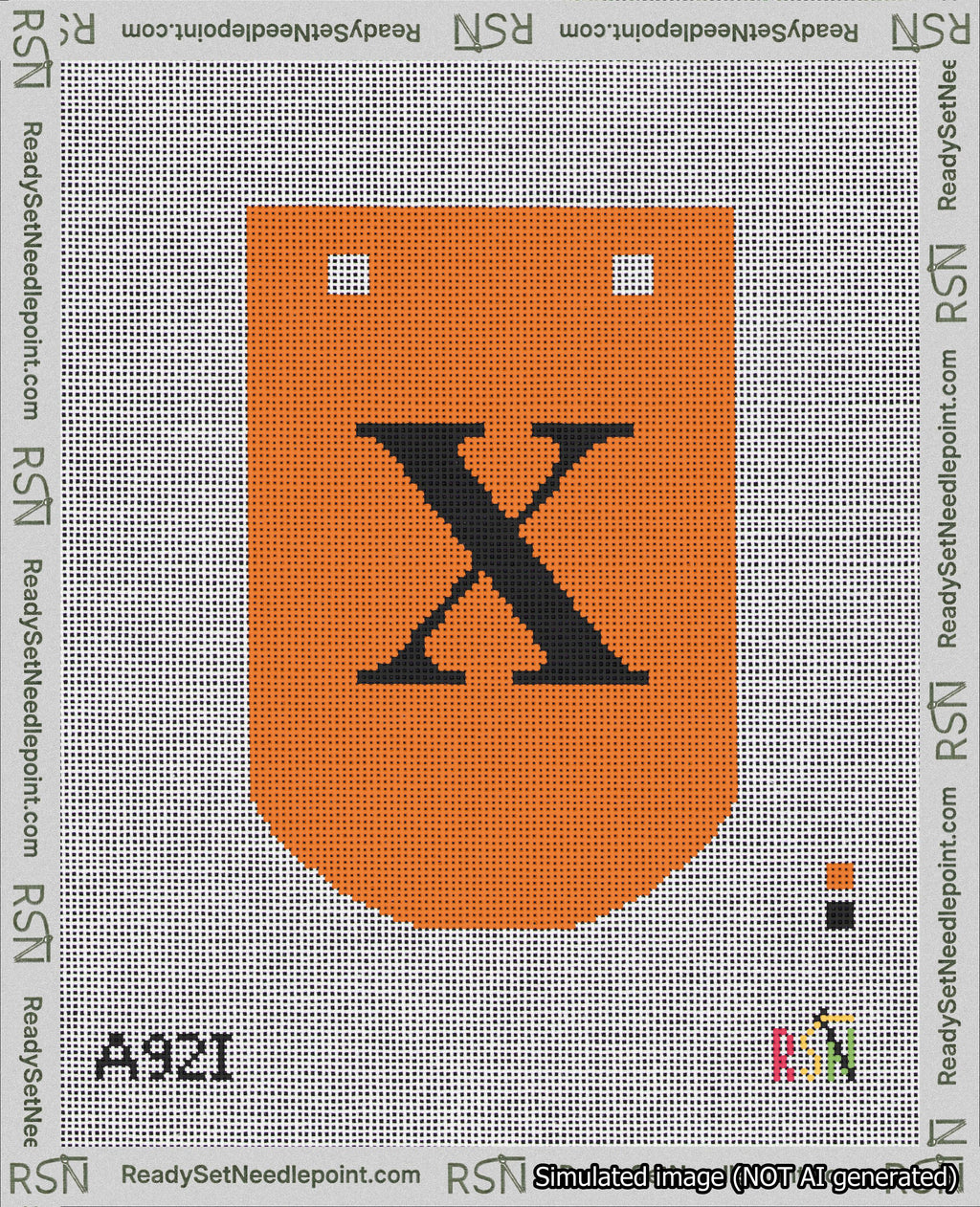 A taped needlepoint canvas with the design: Banner 18 mesh count Curved X Black on Orange.