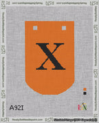 A taped needlepoint canvas with the design: Banner 18 mesh count Curved X Black on Orange.