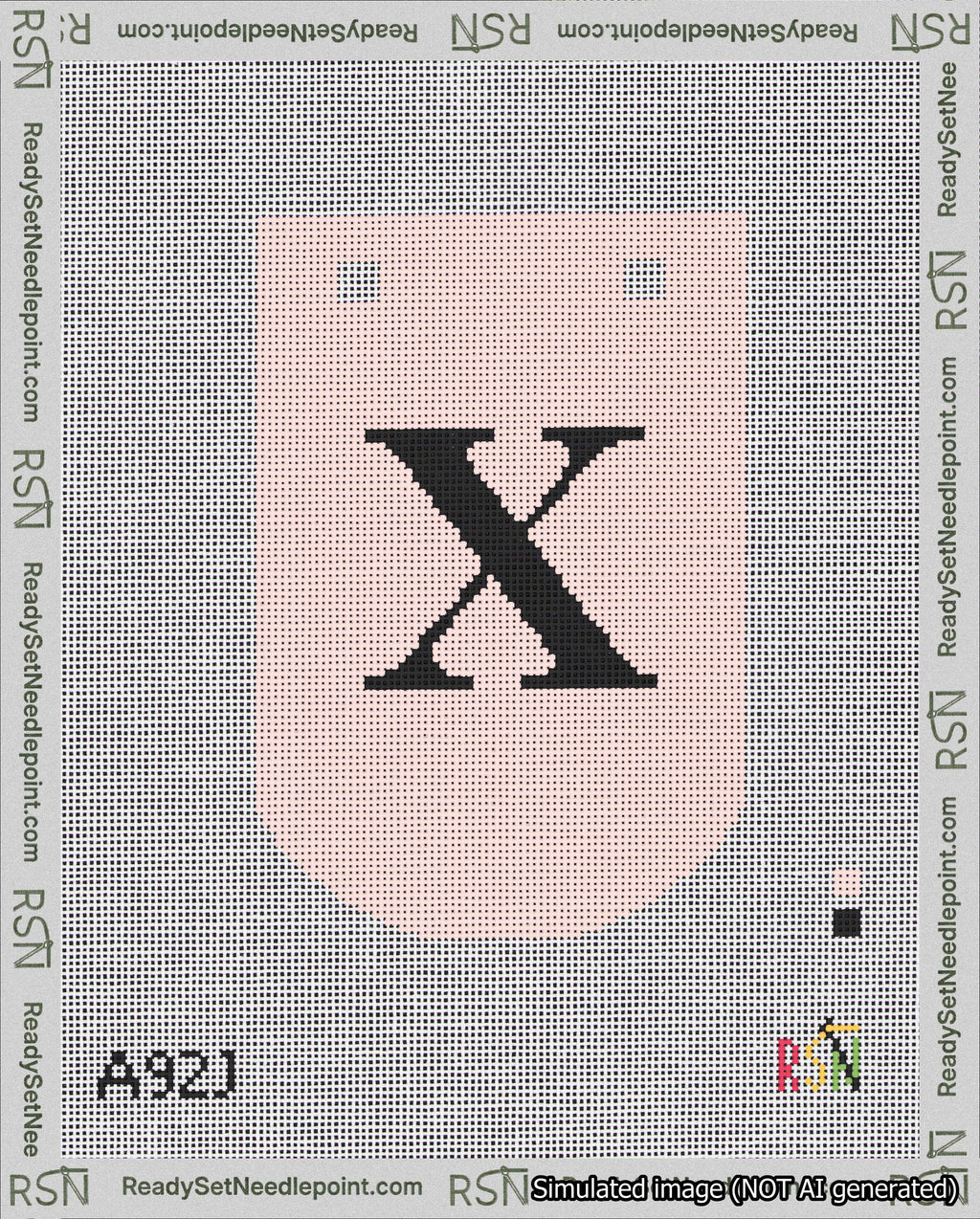 A taped needlepoint canvas with the design: Banner 18 mesh count Curved X Black on Pink.