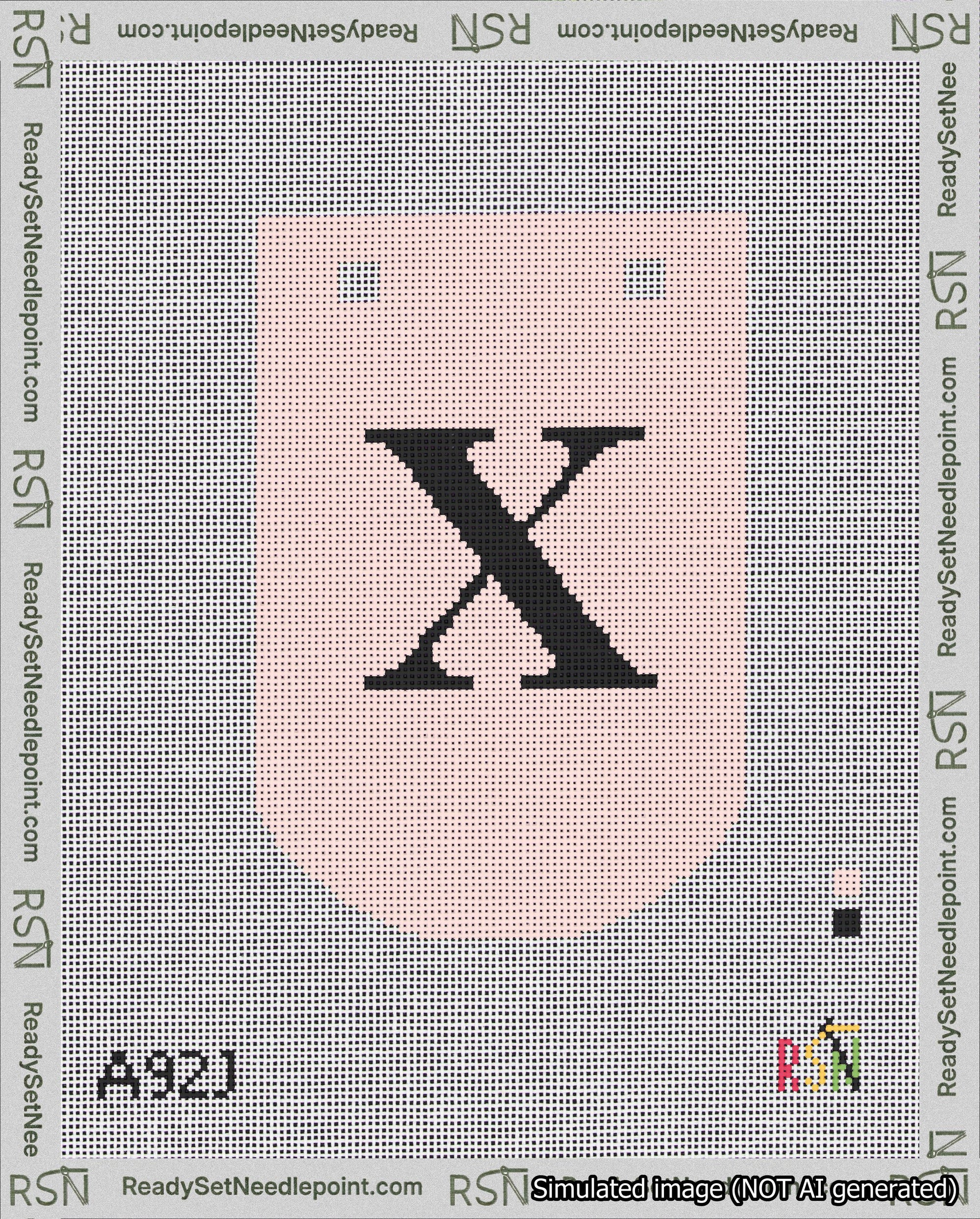 A taped needlepoint canvas with the design: Banner 18 mesh count Curved X Black on Pink.