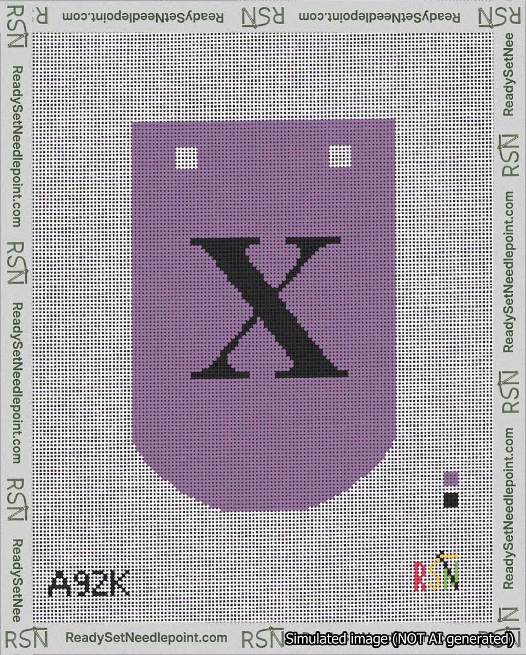 A taped needlepoint canvas with the design: Banner 18 mesh count Curved X Black on Purple.