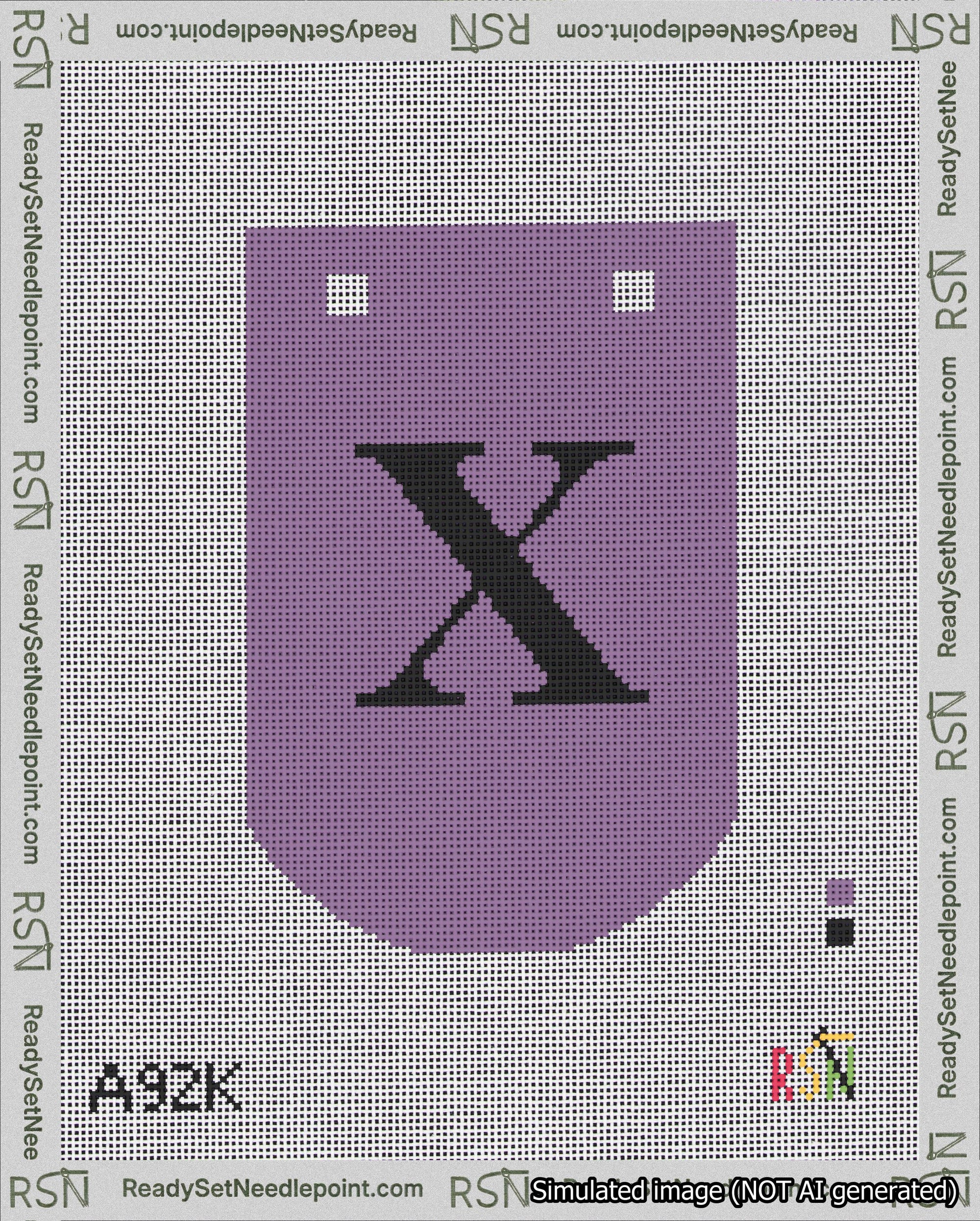A taped needlepoint canvas with the design: Banner 18 mesh count Curved X Black on Purple.