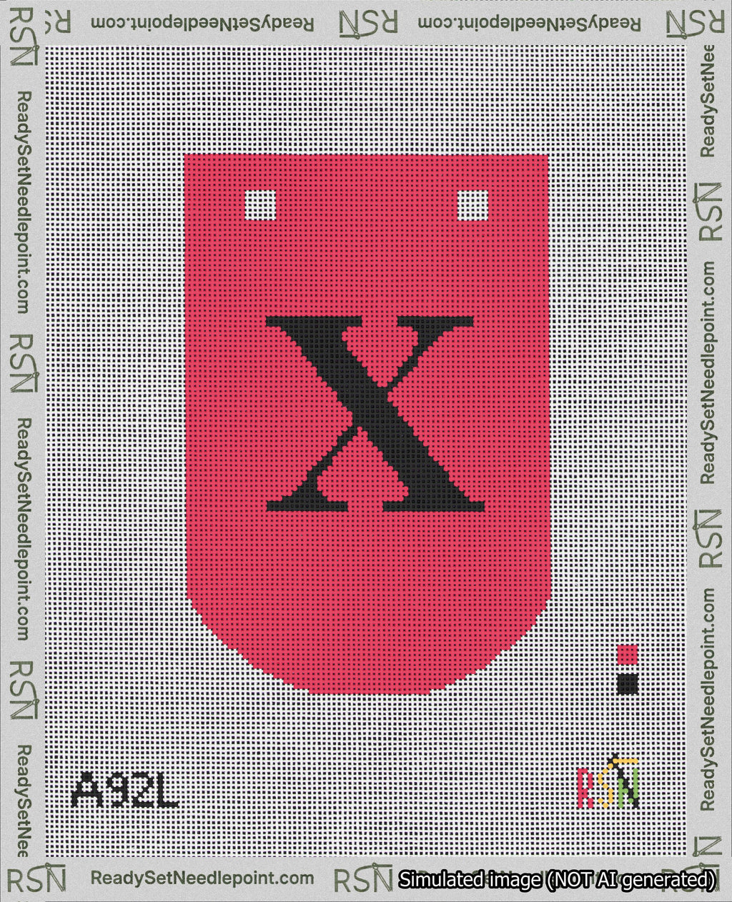 A taped needlepoint canvas with the design: Banner 18 mesh count Curved X Black on Red.