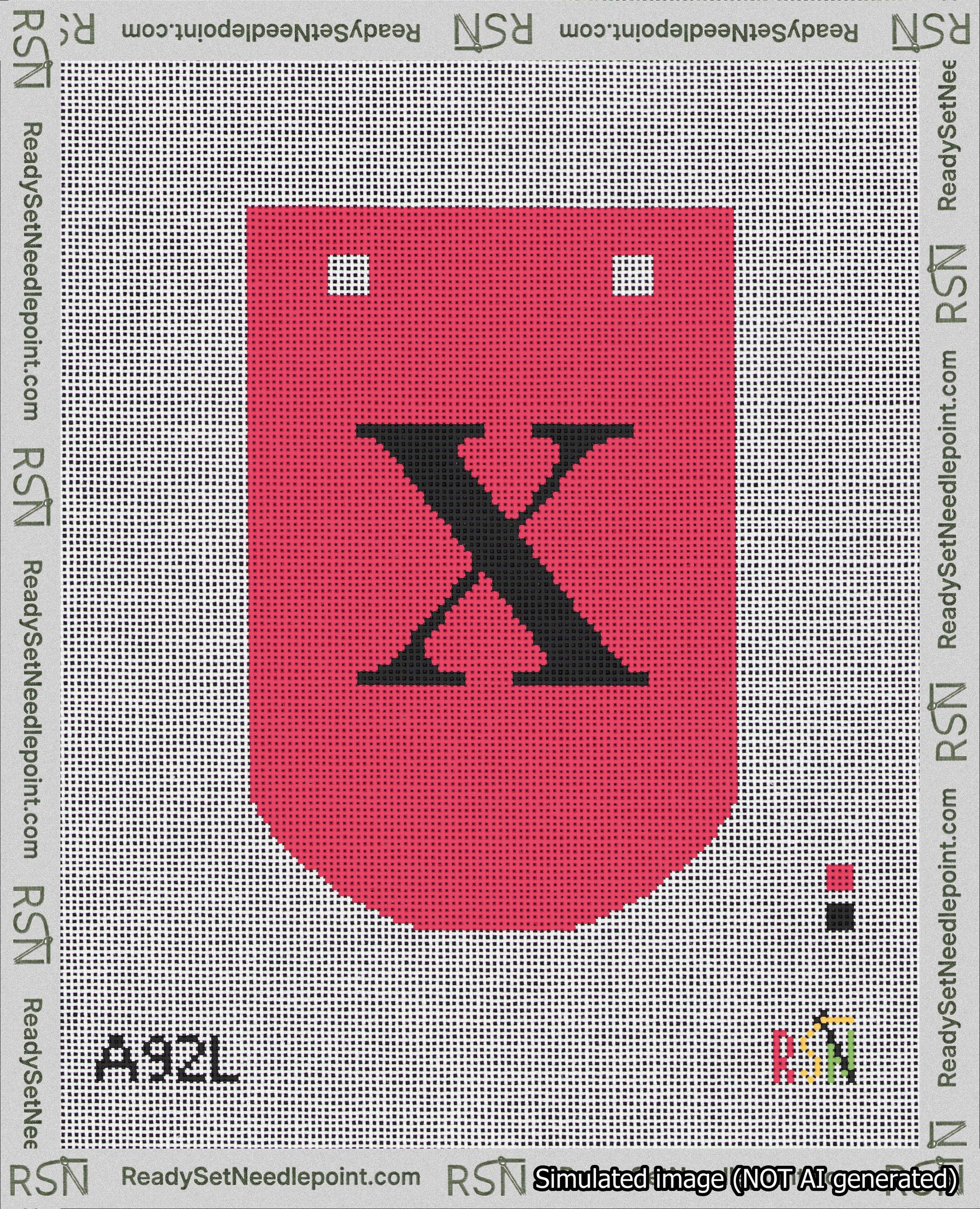 A taped needlepoint canvas with the design: Banner 18 mesh count Curved X Black on Red.