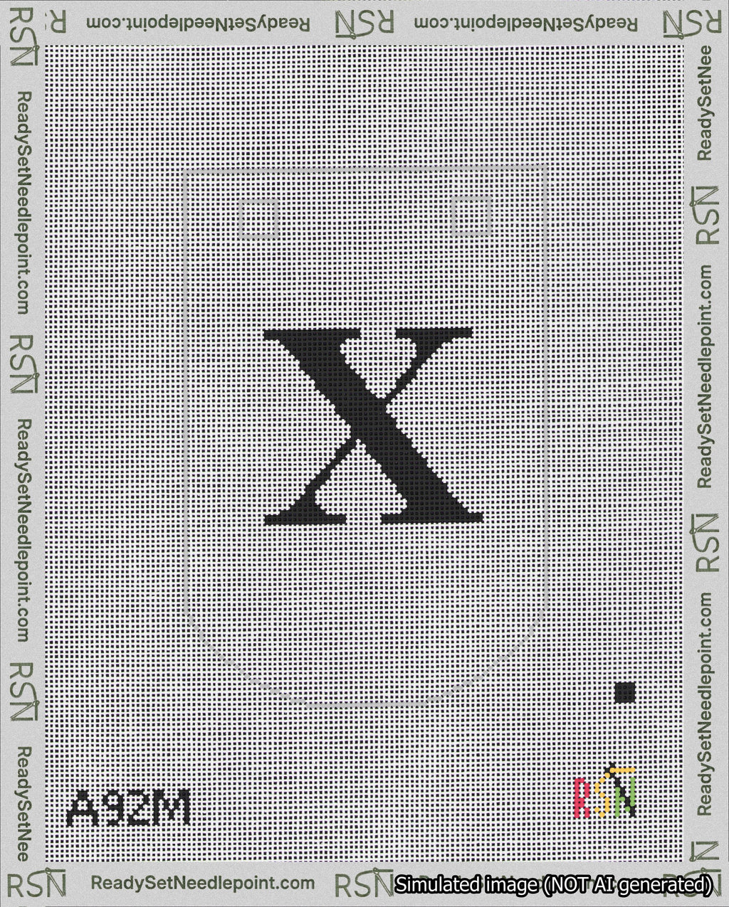 A taped needlepoint canvas with the design: Banner 18 mesh count Curved X Black on White.