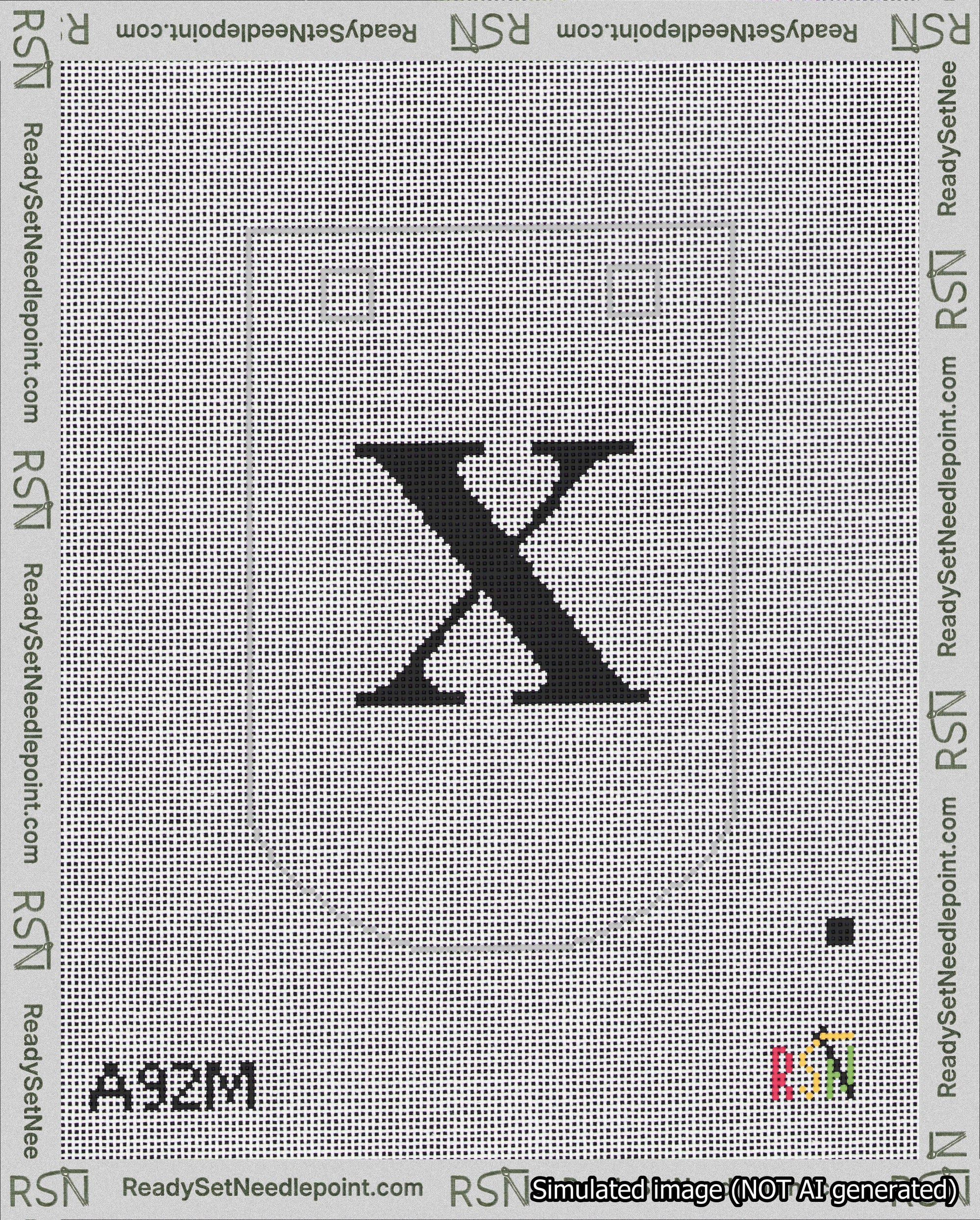 A taped needlepoint canvas with the design: Banner 18 mesh count Curved X Black on White.