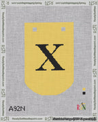 A taped needlepoint canvas with the design: Banner 18 mesh count Curved X Black on Yellow.