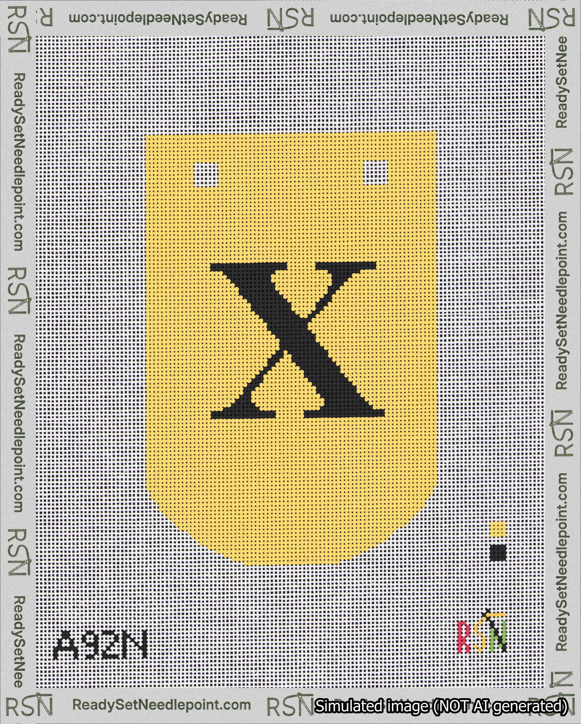 A taped needlepoint canvas with the design: Banner 18 mesh count Curved X Black on Yellow.