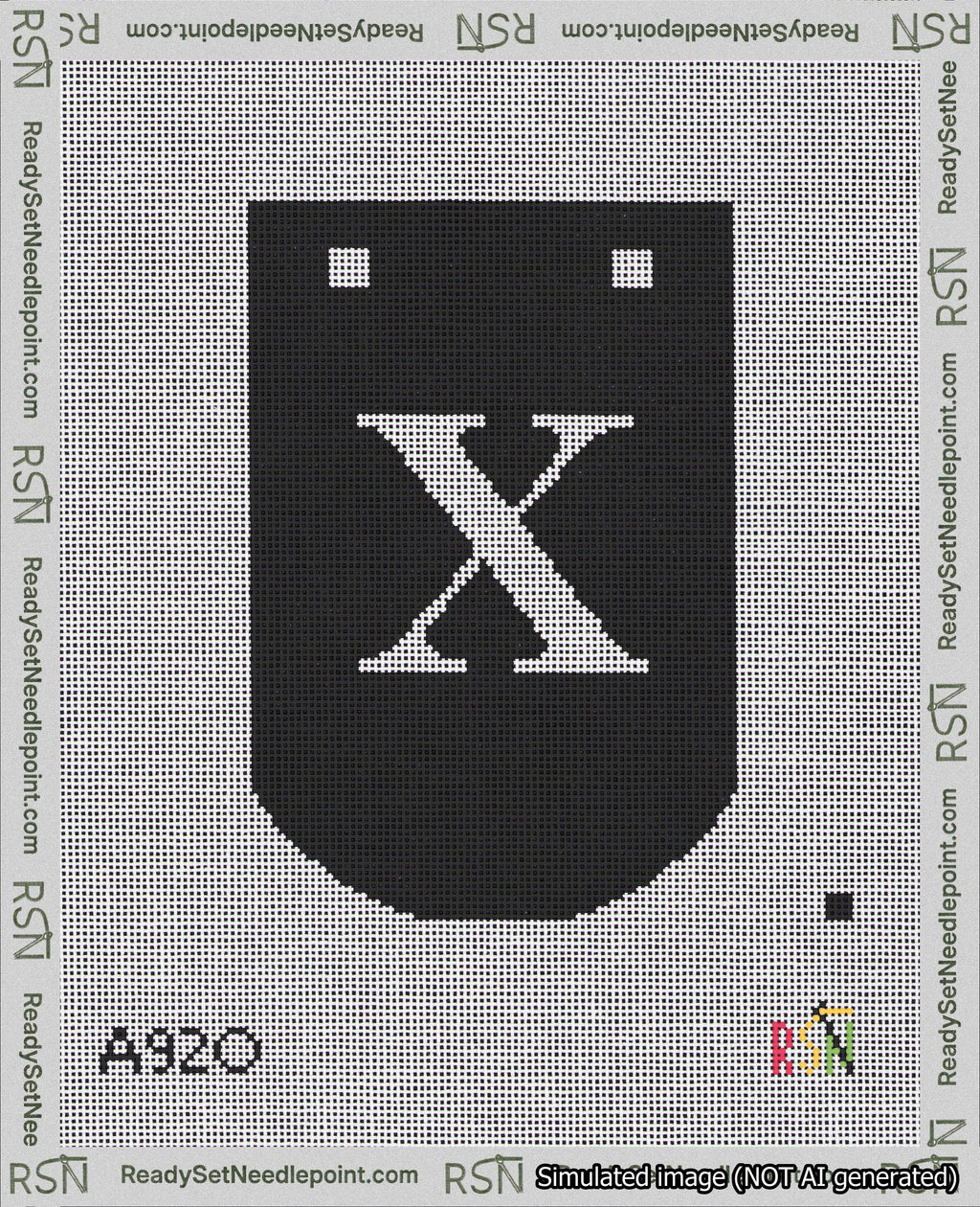 A taped needlepoint canvas with the design: Banner 18 mesh count Curved X White on Black.