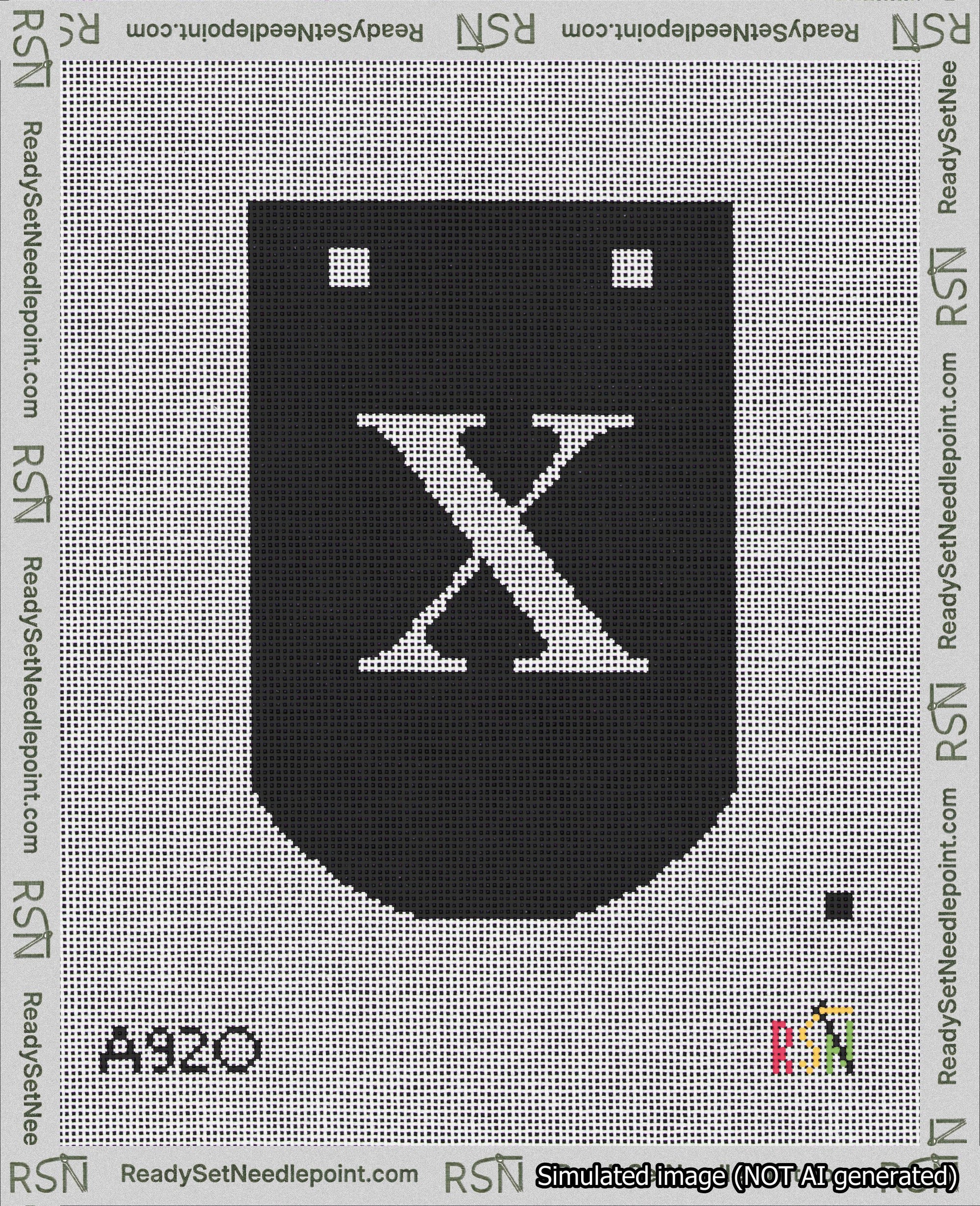 A taped needlepoint canvas with the design: Banner 18 mesh count Curved X White on Black.