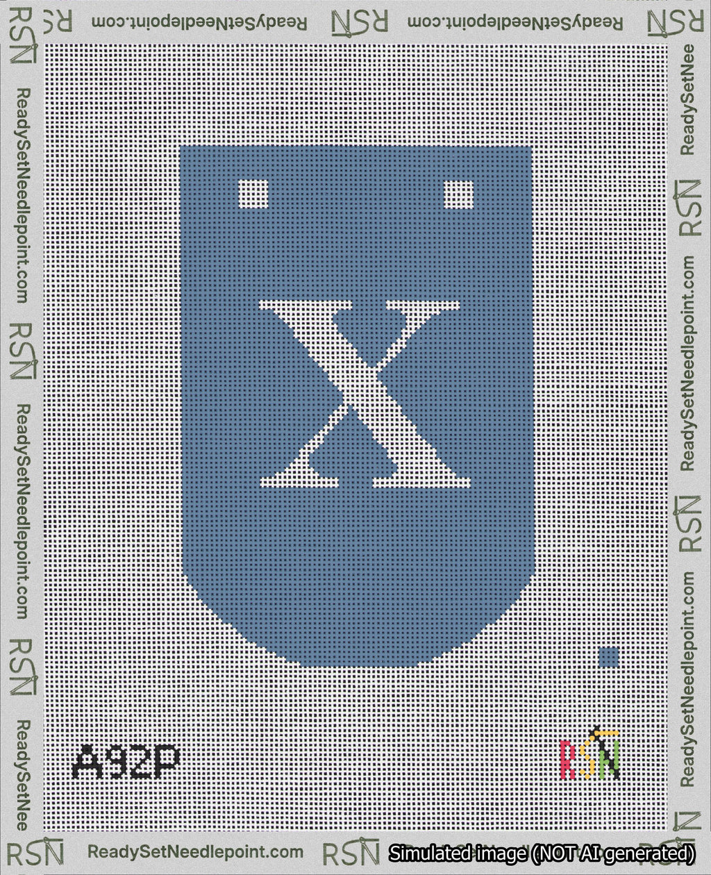 A taped needlepoint canvas with the design: Banner 18 mesh count Curved X White on Blue.