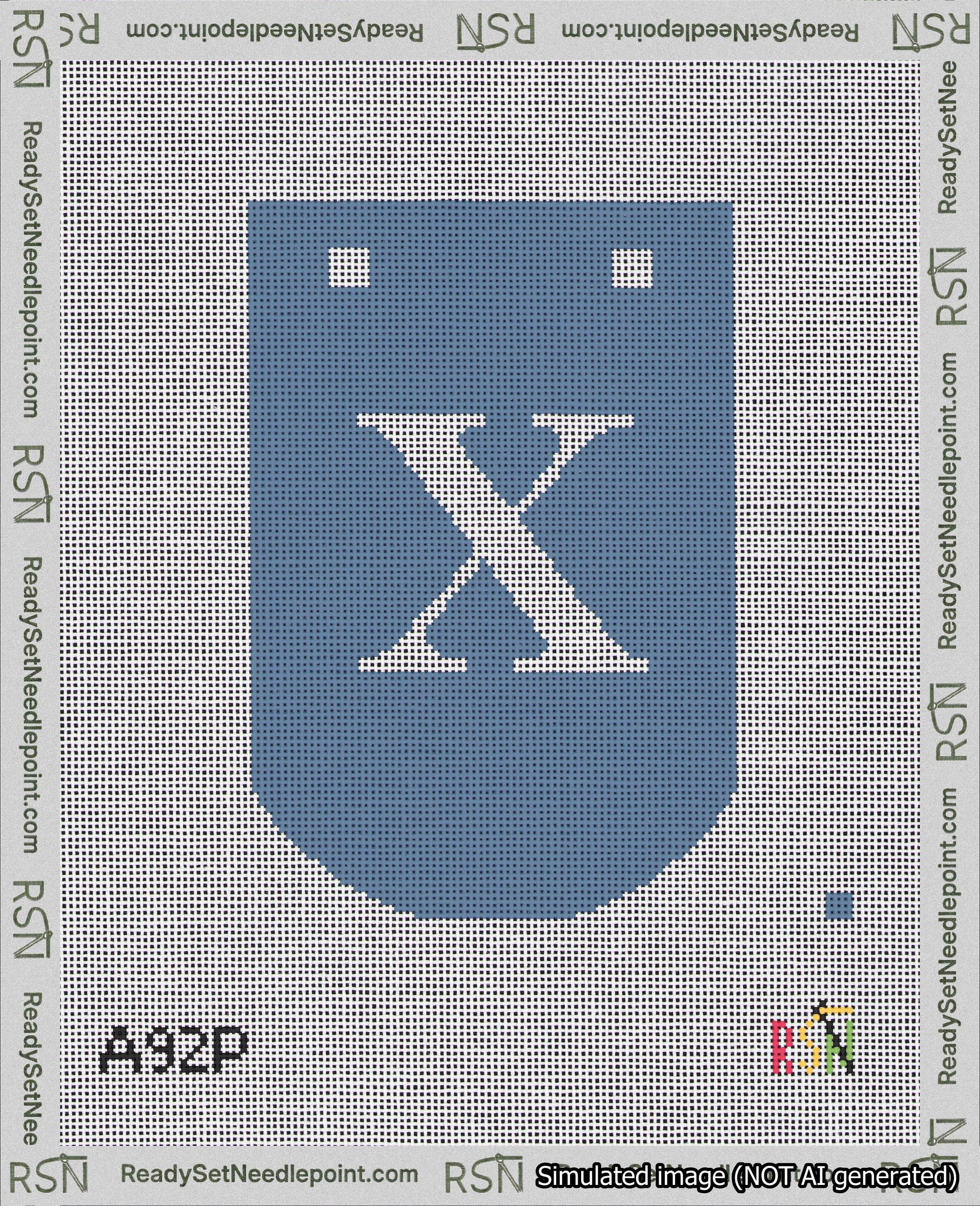A taped needlepoint canvas with the design: Banner 18 mesh count Curved X White on Blue.