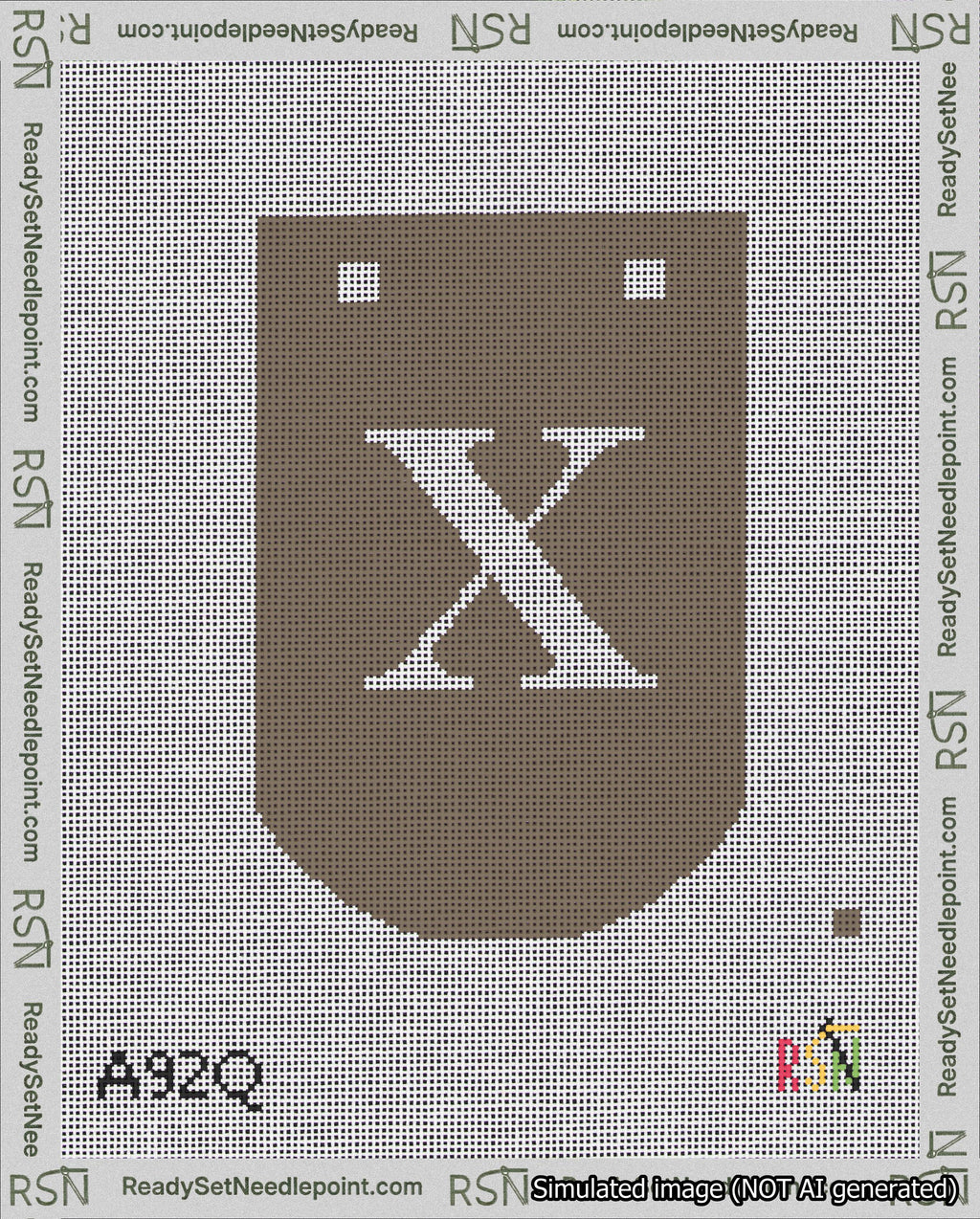 A taped needlepoint canvas with the design: Banner 18 mesh count Curved X White on Brown.
