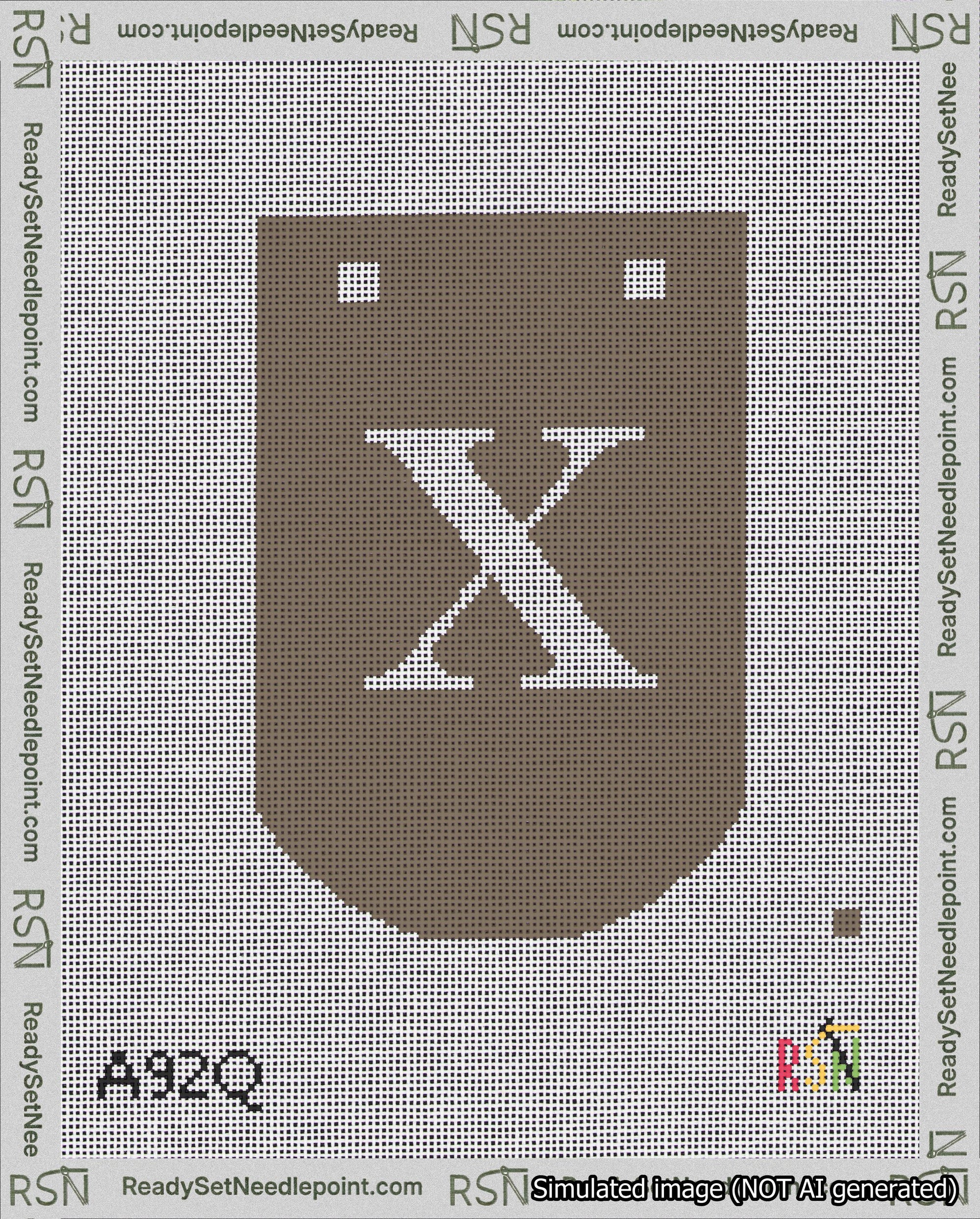 A taped needlepoint canvas with the design: Banner 18 mesh count Curved X White on Brown.
