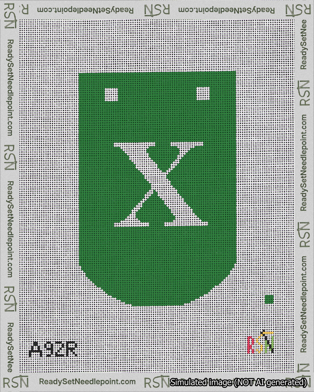 A taped needlepoint canvas with the design: Banner 18 mesh count Curved X White on Green.