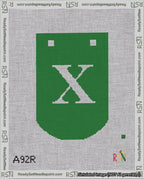 A taped needlepoint canvas with the design: Banner 18 mesh count Curved X White on Green.