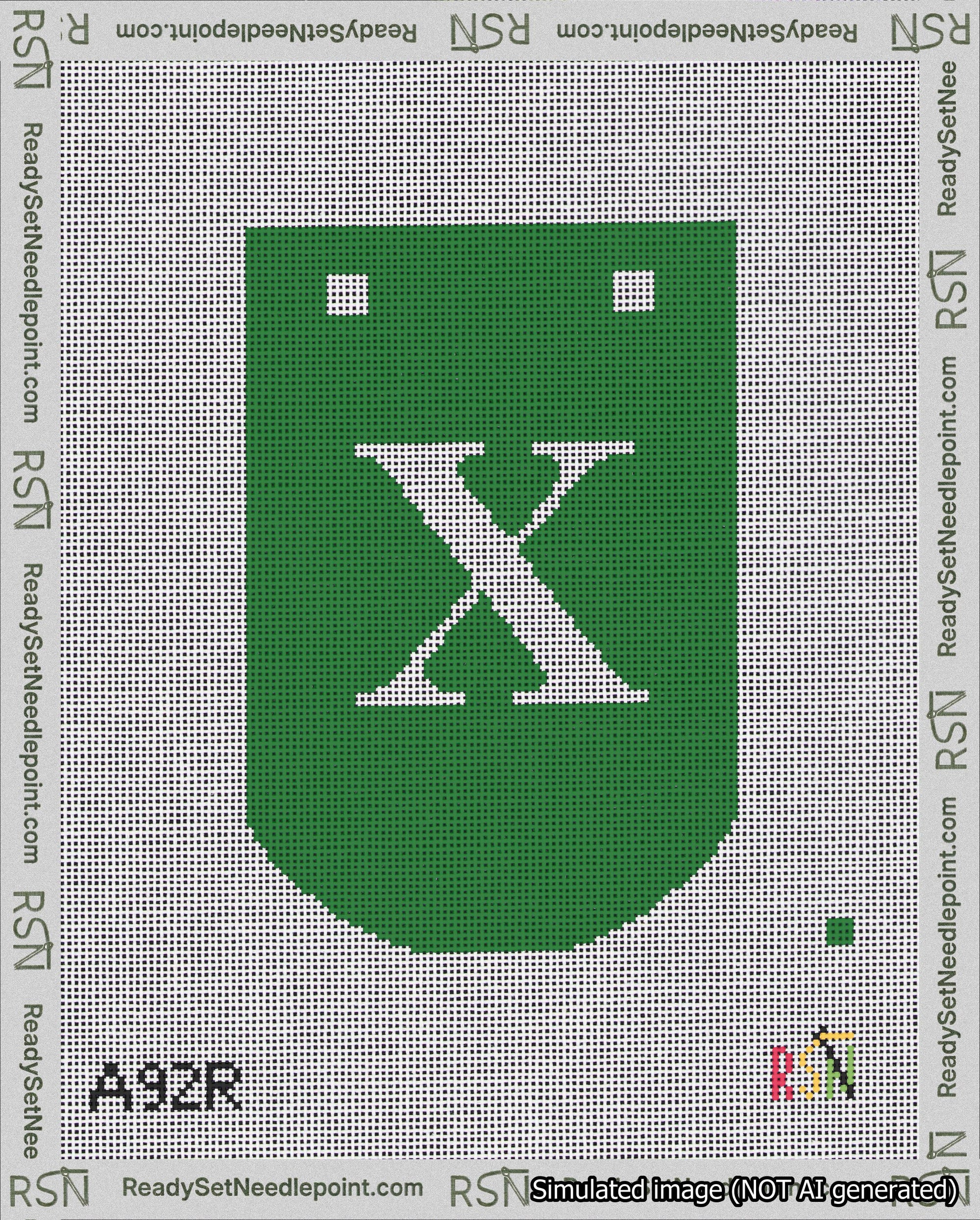 A taped needlepoint canvas with the design: Banner 18 mesh count Curved X White on Green.