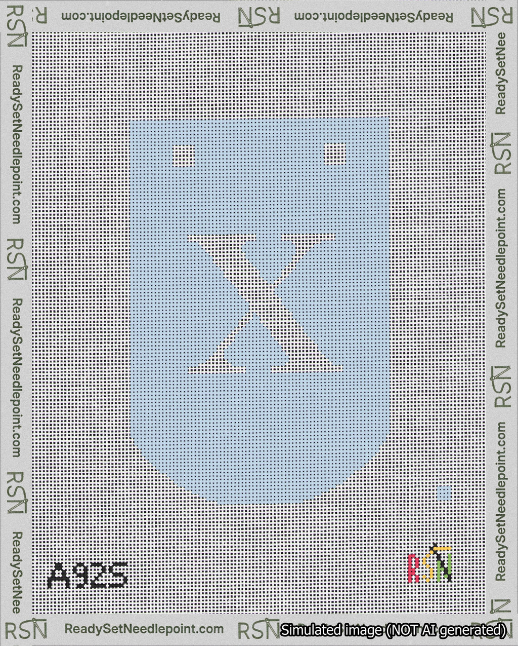 A taped needlepoint canvas with the design: Banner 18 mesh count Curved X White on Light Blue.