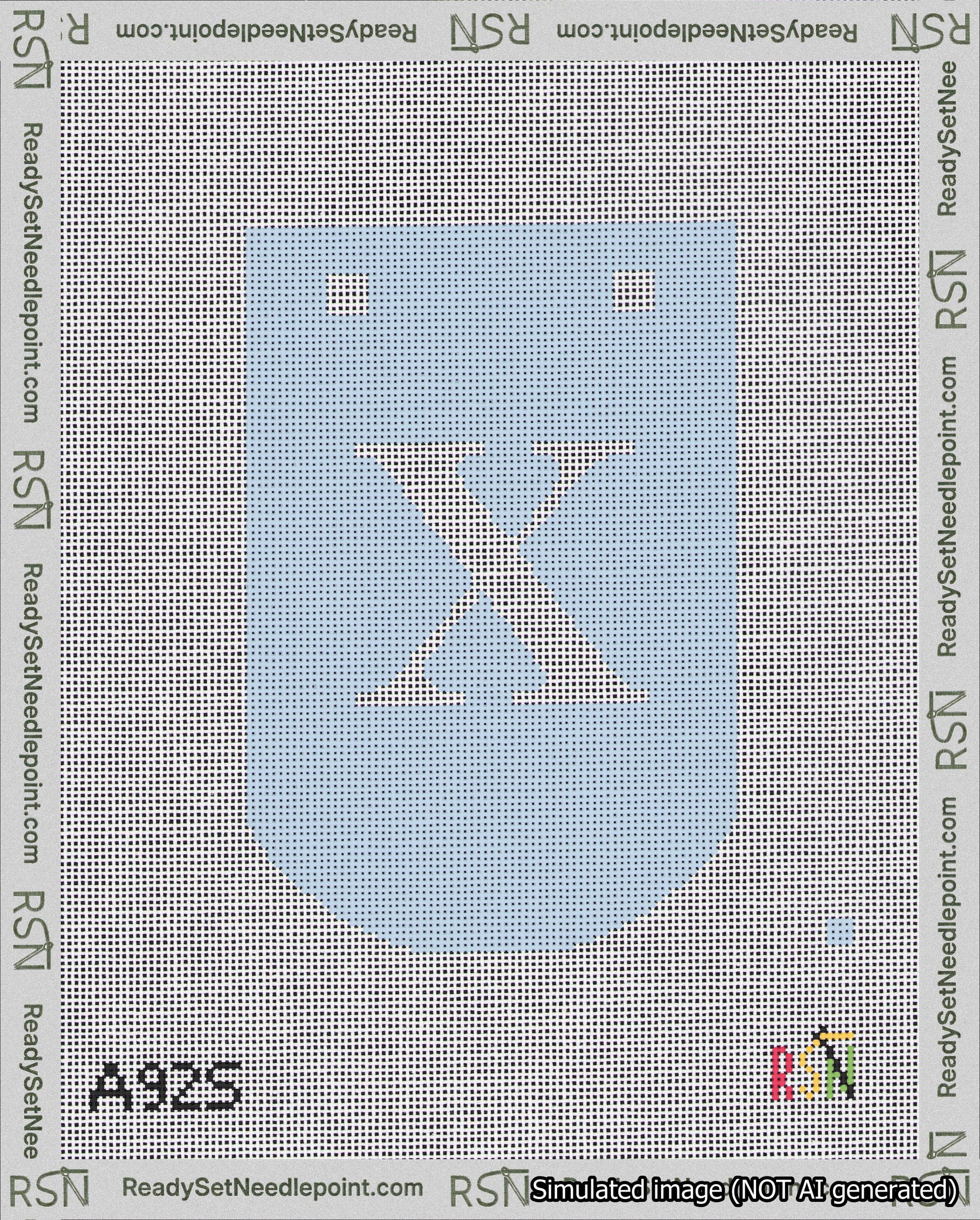 A taped needlepoint canvas with the design: Banner 18 mesh count Curved X White on Light Blue.