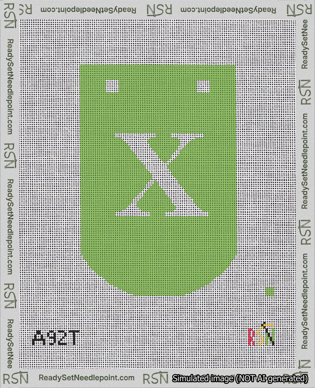 A taped needlepoint canvas with the design: Banner 18 mesh count Curved X White on Light Green.
