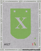 A taped needlepoint canvas with the design: Banner 18 mesh count Curved X White on Light Green.