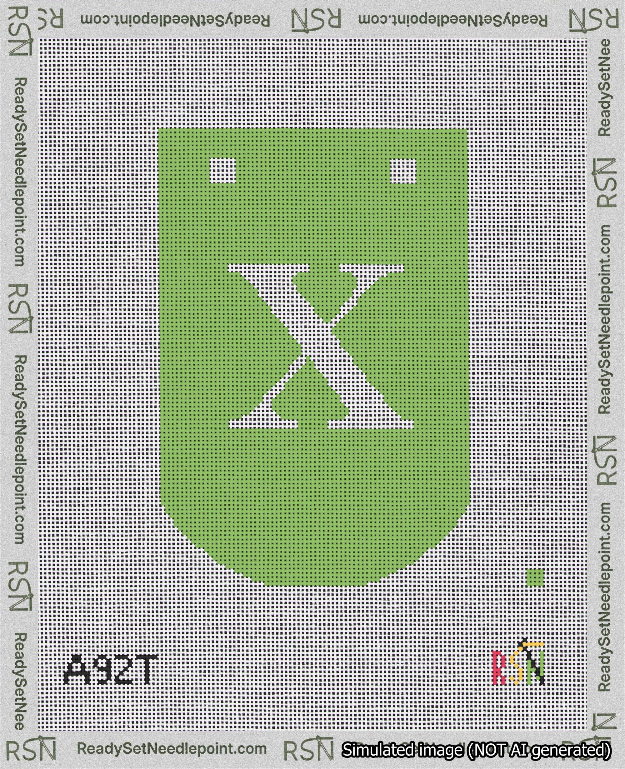 A taped needlepoint canvas with the design: Banner 18 mesh count Curved X White on Light Green.