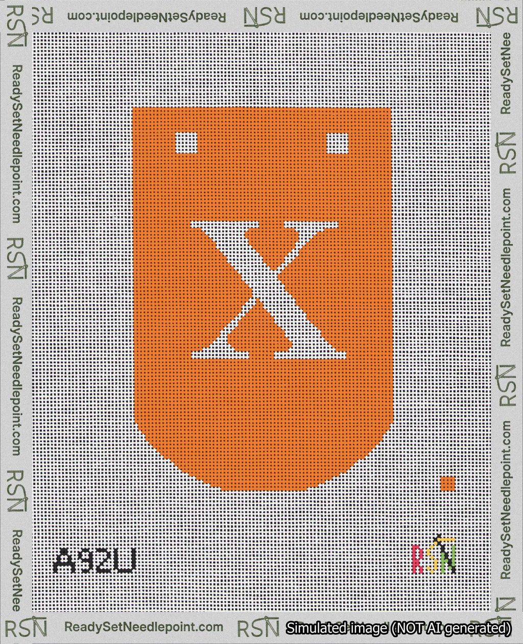 A taped needlepoint canvas with the design: Banner 18 mesh count Curved X White on Orange.
