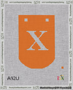 A taped needlepoint canvas with the design: Banner 18 mesh count Curved X White on Orange.
