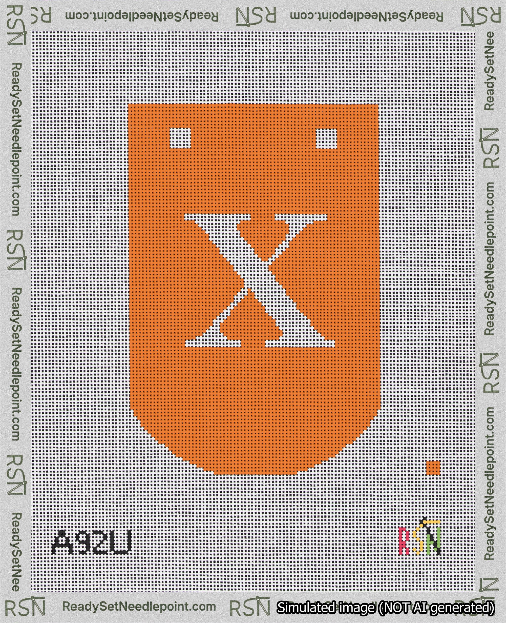 A taped needlepoint canvas with the design: Banner 18 mesh count Curved X White on Orange.