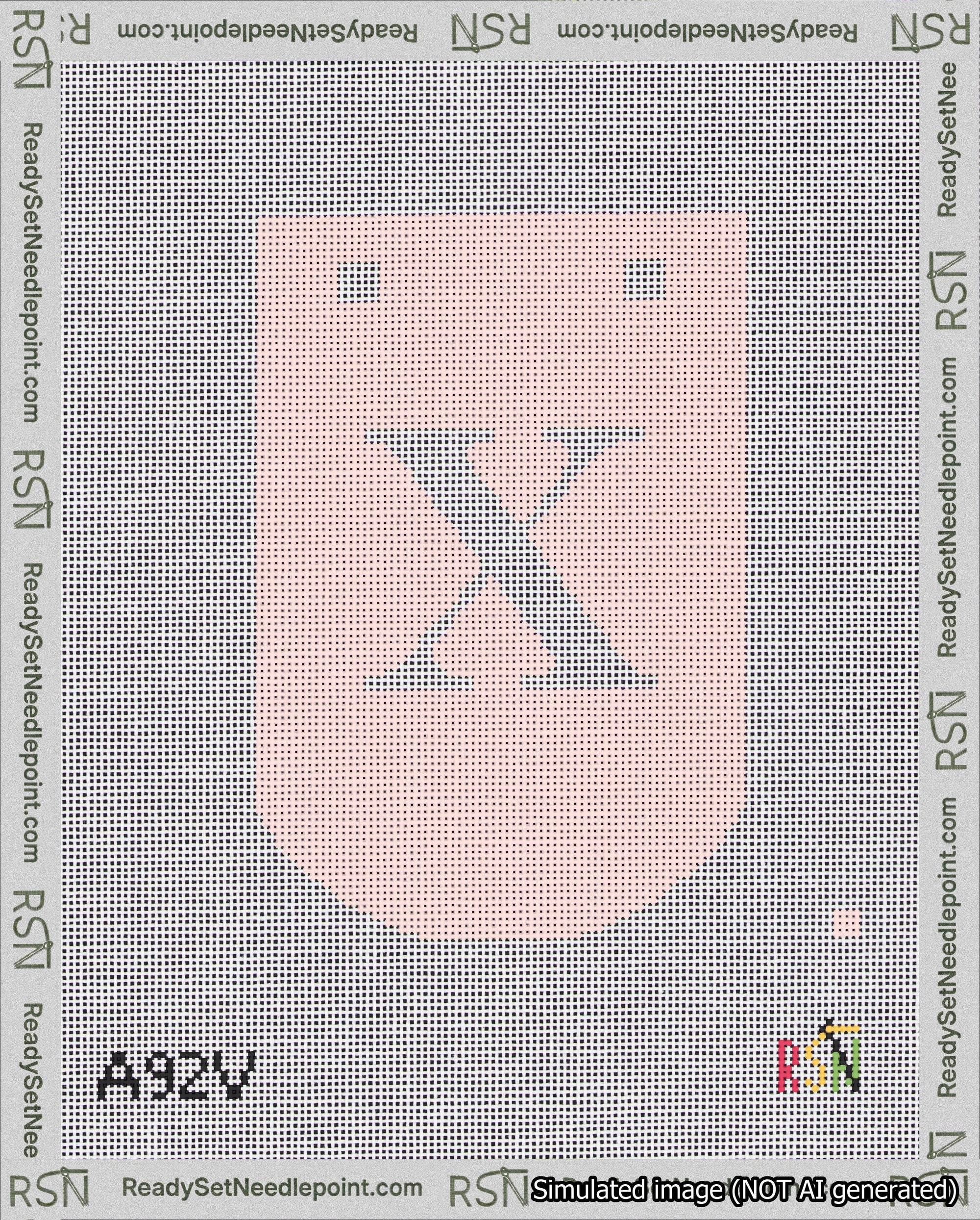 A taped needlepoint canvas with the design: Banner 18 mesh count Curved X White on Pink.