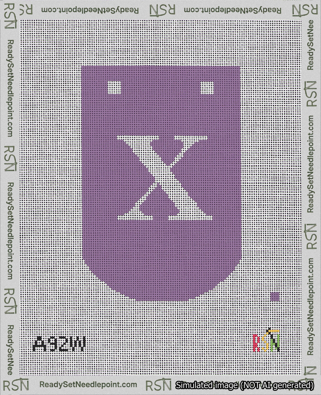 A taped needlepoint canvas with the design: Banner 18 mesh count Curved X White on Purple.