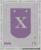 A taped needlepoint canvas with the design: Banner 18 mesh count Curved X White on Purple.