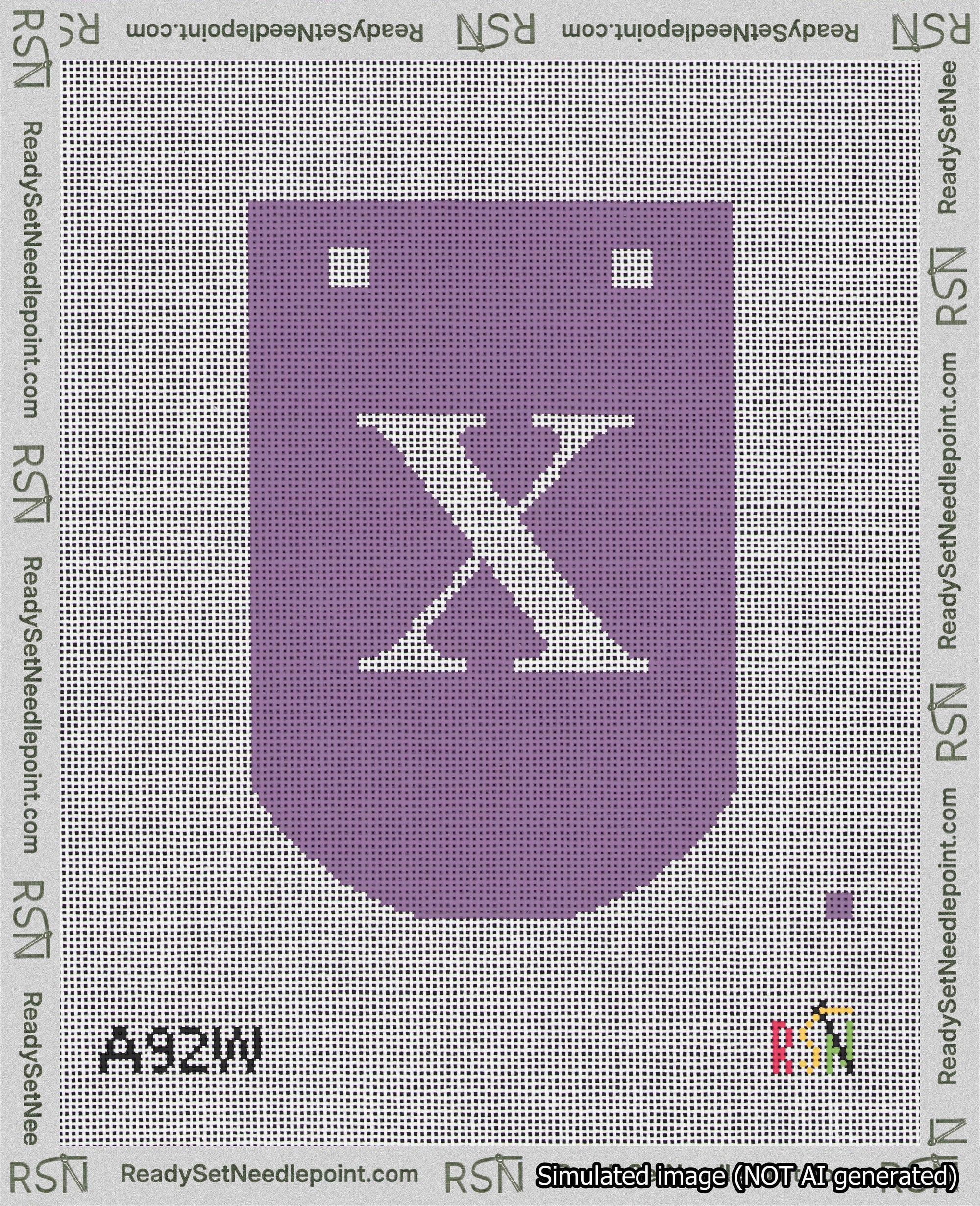 A taped needlepoint canvas with the design: Banner 18 mesh count Curved X White on Purple.