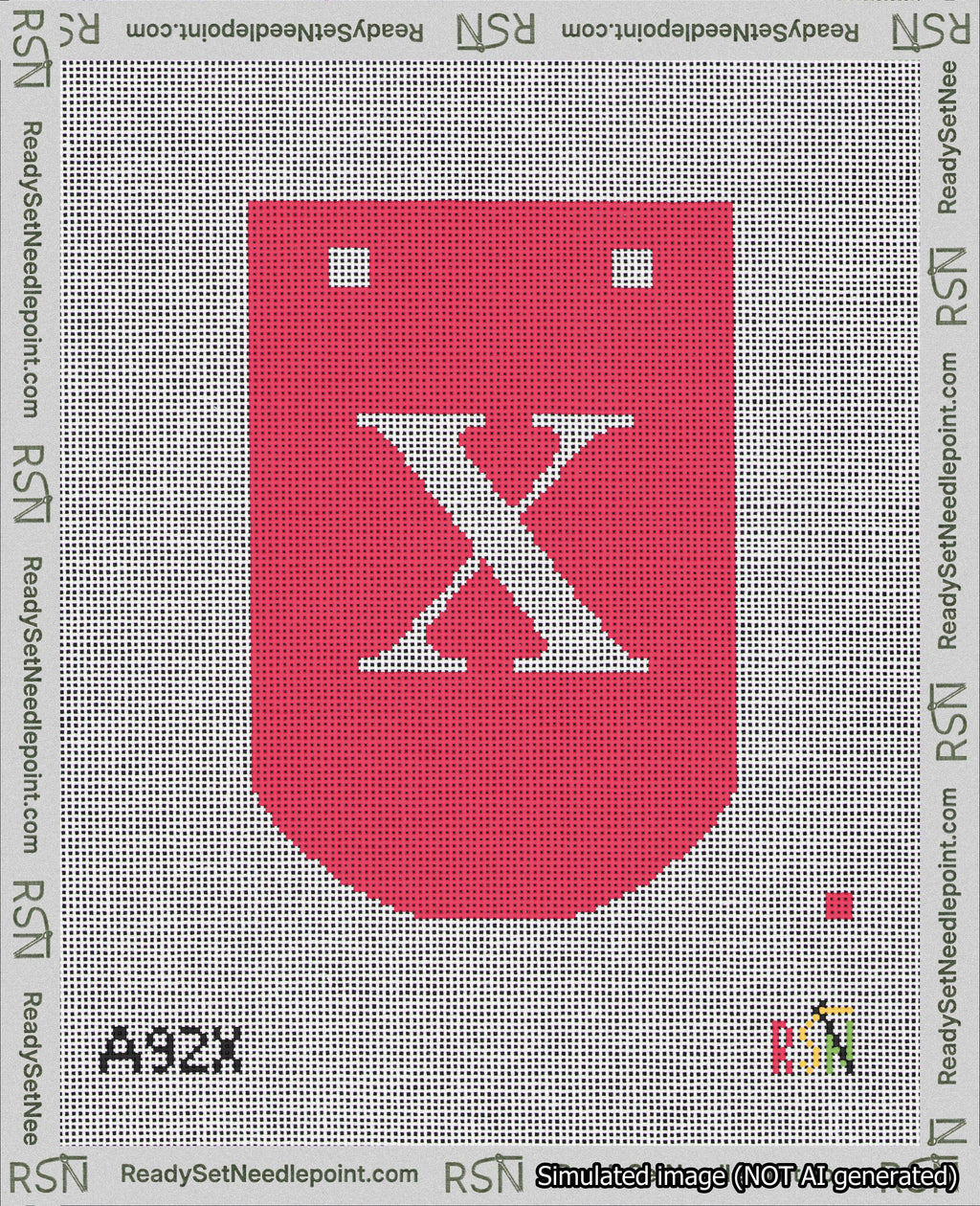 A taped needlepoint canvas with the design: Banner 18 mesh count Curved X White on Red.