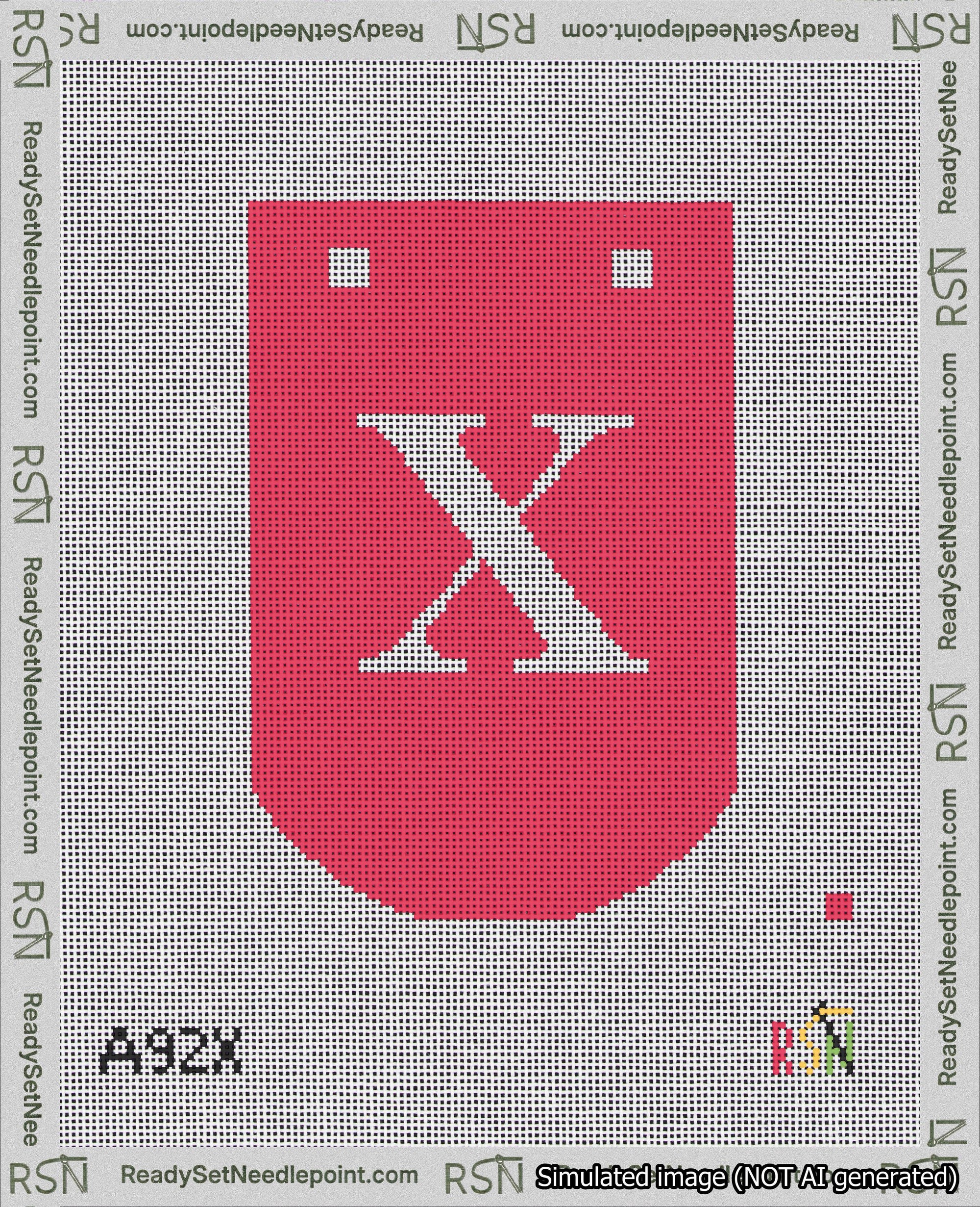 A taped needlepoint canvas with the design: Banner 18 mesh count Curved X White on Red.