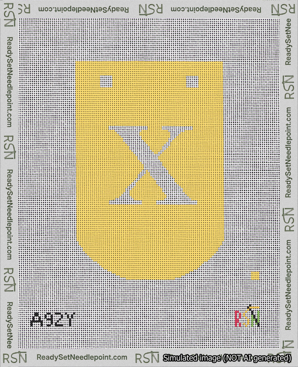 A taped needlepoint canvas with the design: Banner 18 mesh count Curved X White on Yellow.