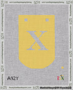 A taped needlepoint canvas with the design: Banner 18 mesh count Curved X White on Yellow.