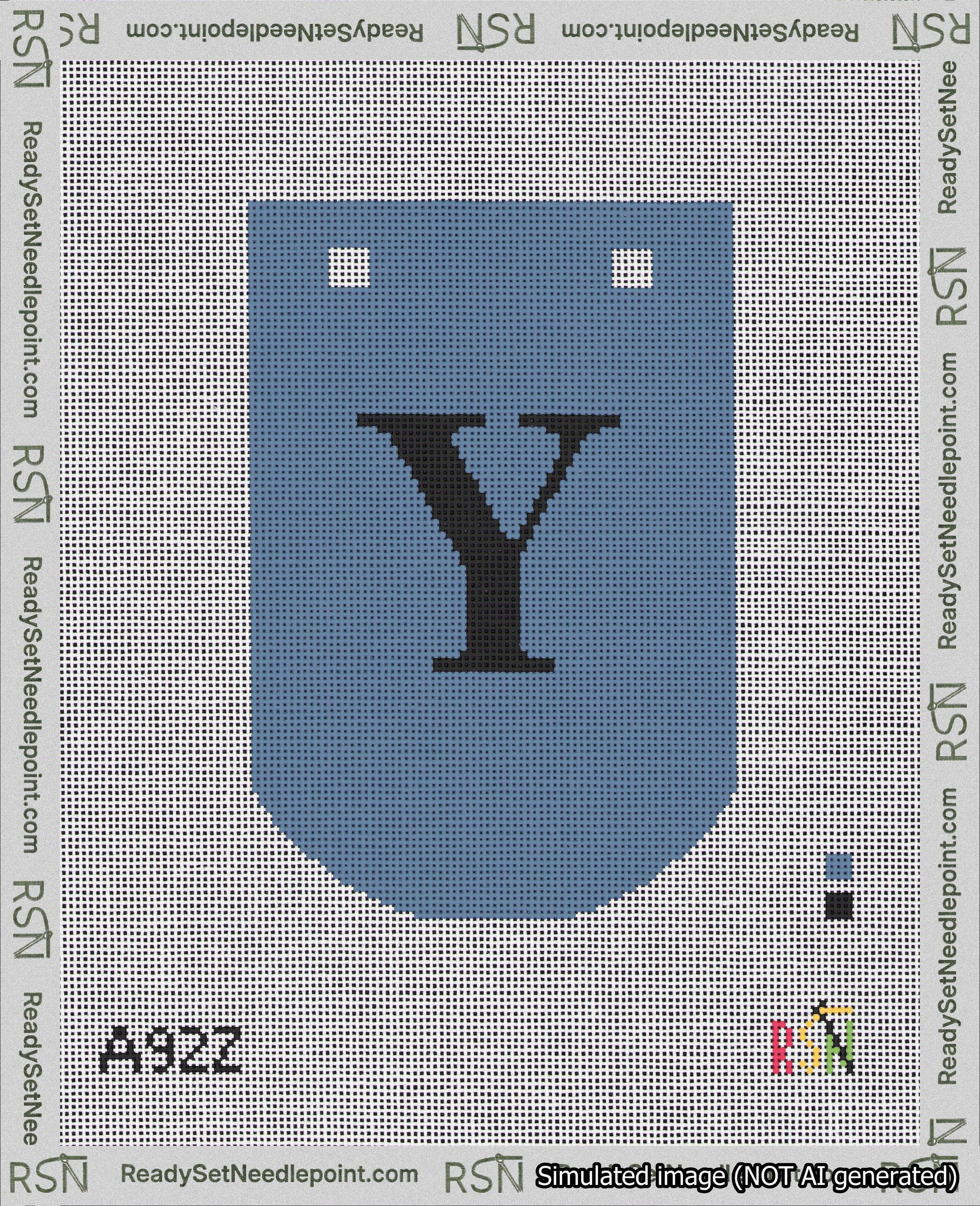A taped needlepoint canvas with the design: Banner 18 mesh count Curved Y Black on Blue.