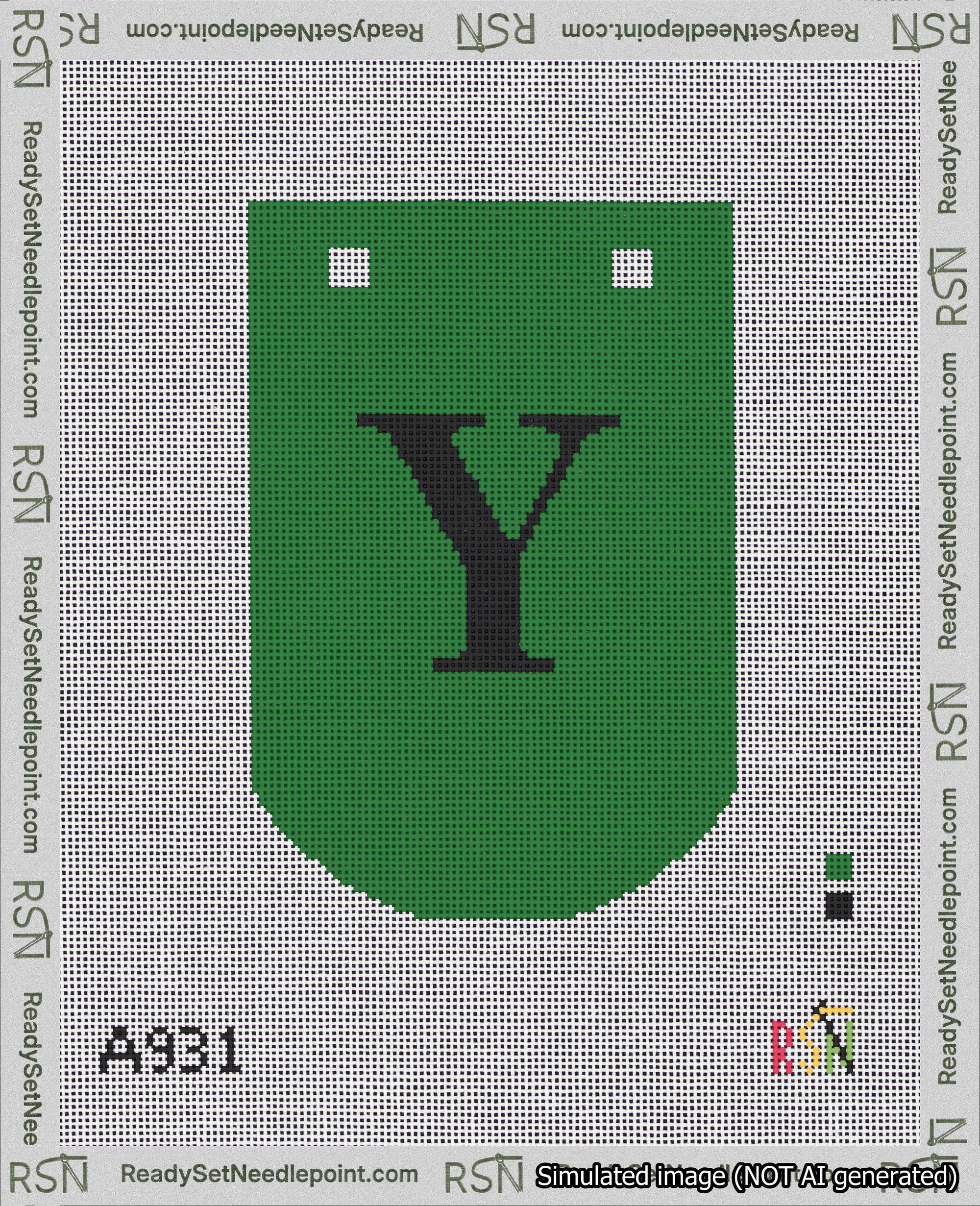 A taped needlepoint canvas with the design: Banner 18 mesh count Curved Y Black on Green.