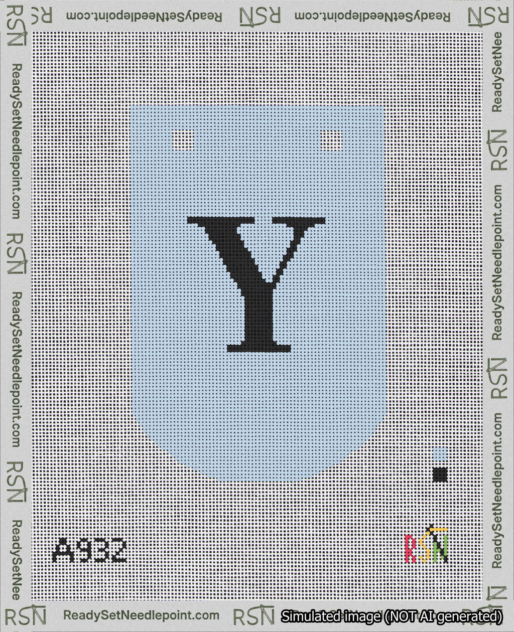 A taped needlepoint canvas with the design: Banner 18 mesh count Curved Y Black on Light Blue.