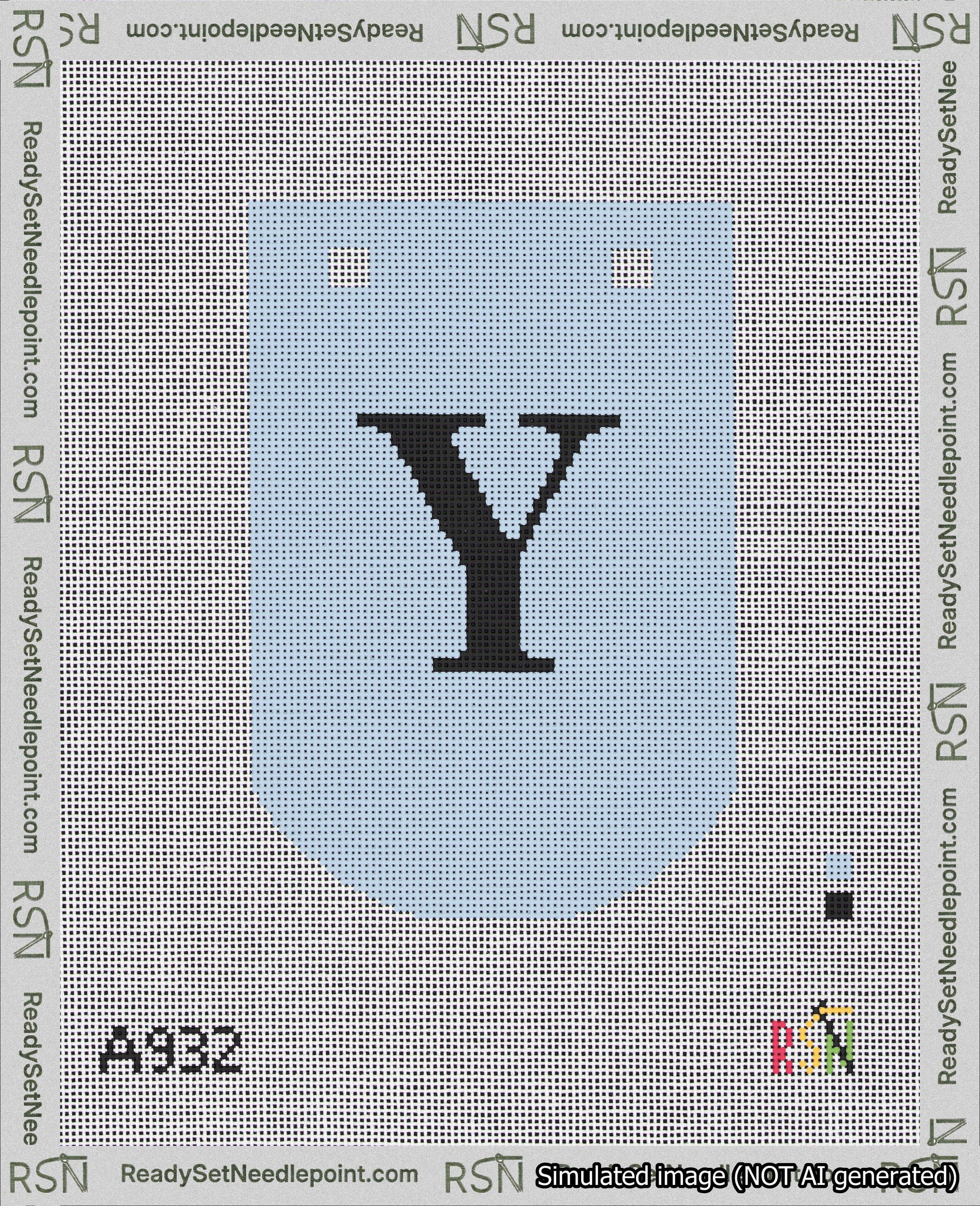 A taped needlepoint canvas with the design: Banner 18 mesh count Curved Y Black on Light Blue.