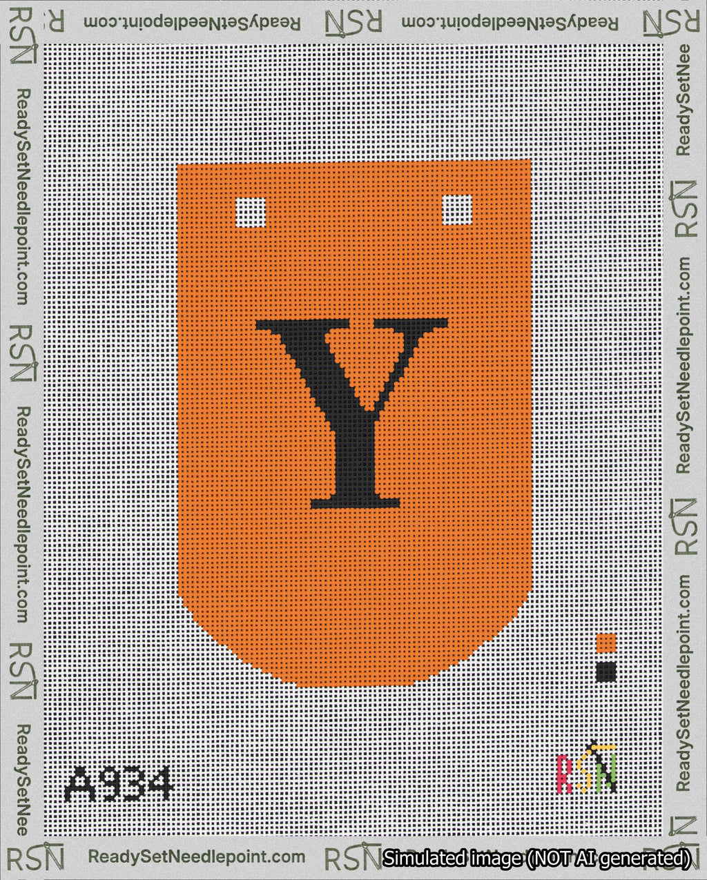 A taped needlepoint canvas with the design: Banner 18 mesh count Curved Y Black on Orange.