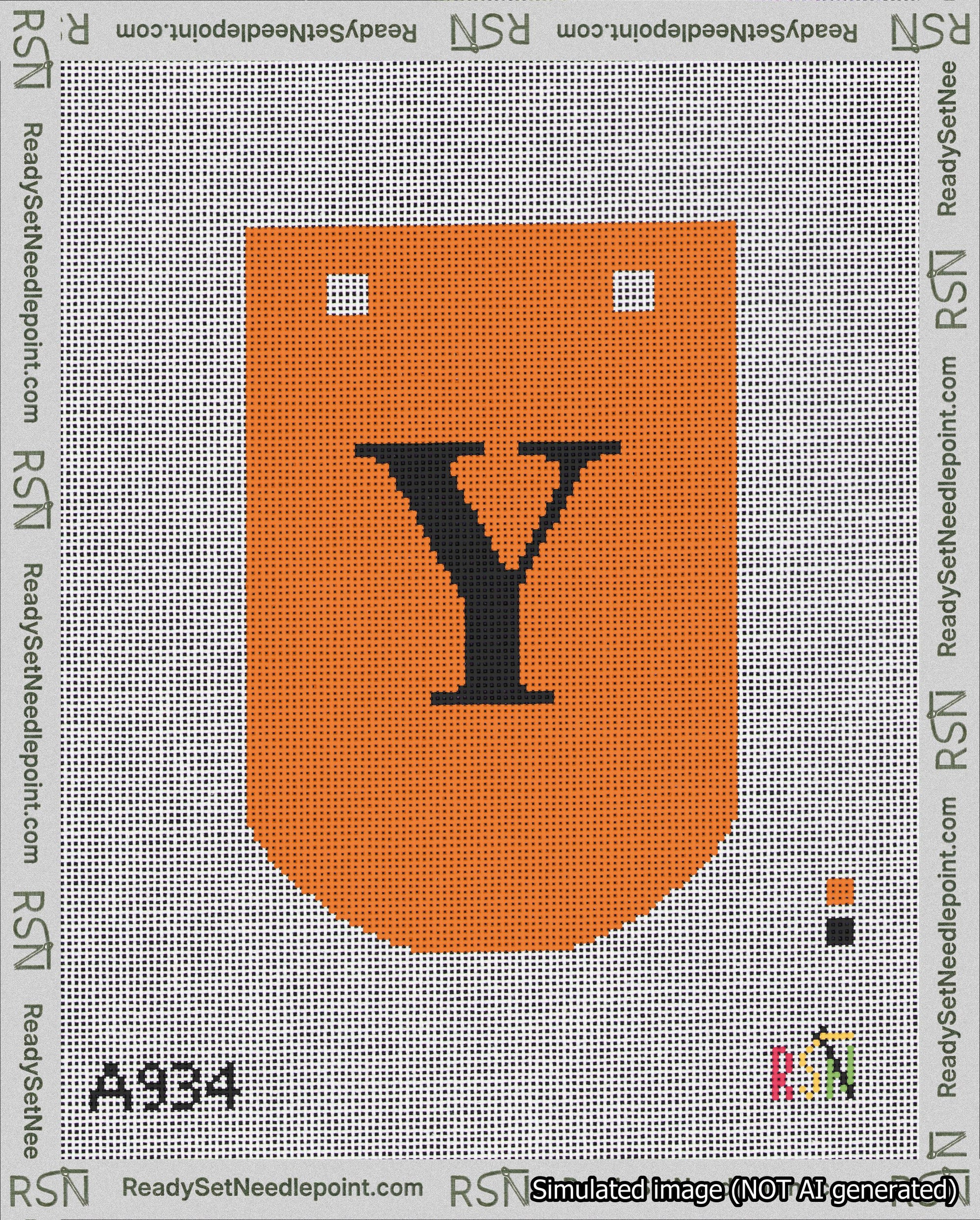 A taped needlepoint canvas with the design: Banner 18 mesh count Curved Y Black on Orange.